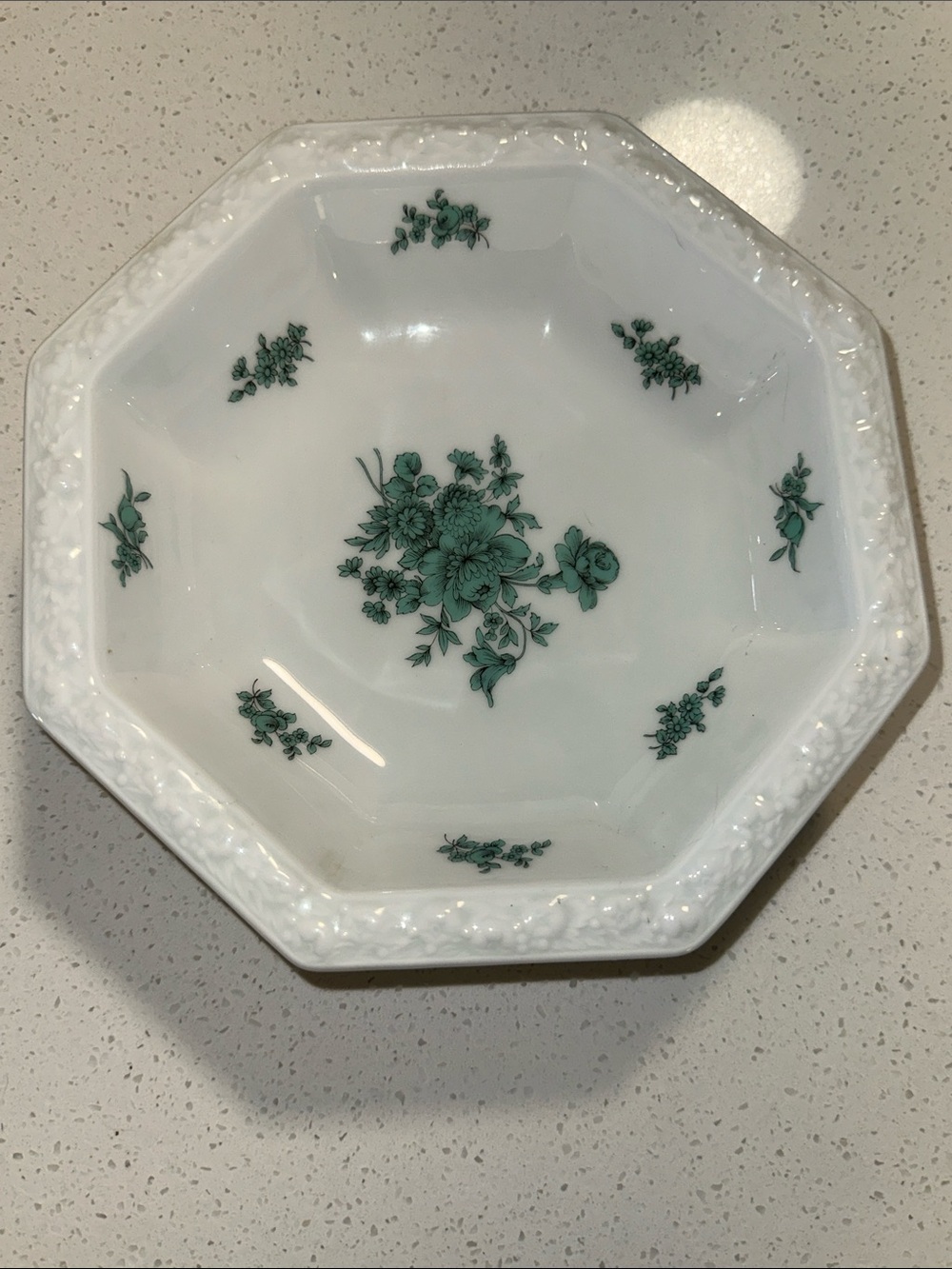 Rosenthal White Octagonal Porcelain Bowl with Green Floral Motif